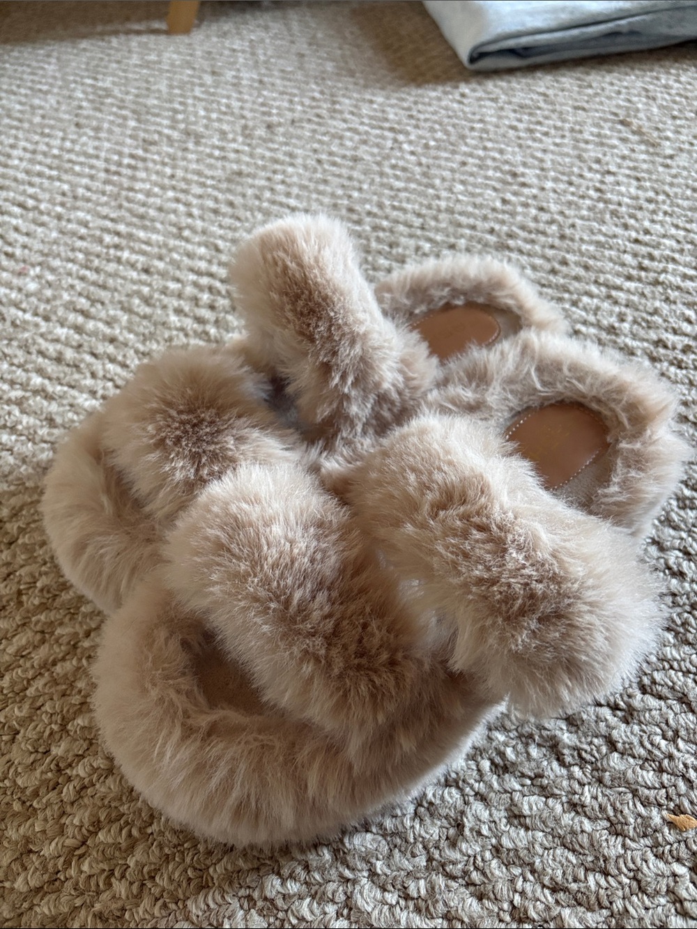 Plush Faux Fur Slide Sandals in Light Beige